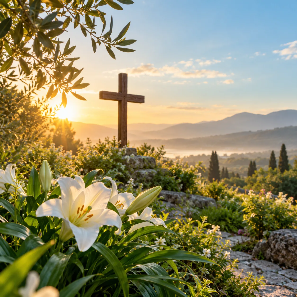 A cross and white lilies in a sunlit garden